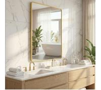 Miroir Salle de Bain, Miroir Mural Rectangulaire, 91 x 61 cm, avec Film de Sécurité, 2 Options de Suspension, Doré