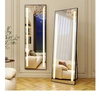 Miroir sur Pied avec Éclairage LED Réglable, Miroir Mural, Grand Miroir de Sol, Cadre Noir, 150x50cm