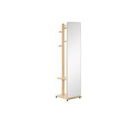 Miroir sur pied avec roulettes - portant, 4 patères étagère MDF aspect bois clair