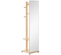 HOMCOM Miroir sur Pied avec roulettes - Portant, 4 patères étagère MDF Aspect Bois Clair