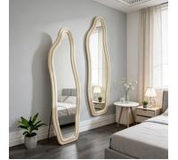 Miroir sur pied - COZY - 140x45 cm - Velours Or - Verre Trempé - Design Asymétrique
