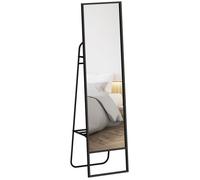 HOMCOM Miroir sur Pied 148,5 x 40 cm, Grand Miroir rectangulaire avec étagère arrière, 2 Crochets et Cadre en métal, pour Chambre à Coucher Salon et Dressing, Noir