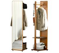 Miroir sur pied - HOMCOM - avec roulettes portant 4 patères étagère rangement dressing - MDF - aspect noyer