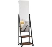 HOMCOM Miroir sur pied rectangulaire miroir de sol roulant avec angle réglable 2 étagères 4 roulettes noir et brun rustique
