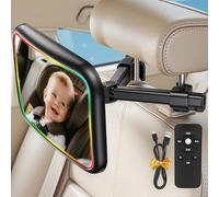 Miroir Voiture Bébé avec Éclairage LED, Rétroviseur de Sécurité pour Siège Auto Arrière, 4 Modes, 6 Niveaux de Luminosité, Télécommande et Veilleuse Auto, Rotation 360° Réglable