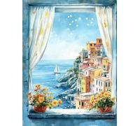 MIRONS Kit de Démarrage de Broderie, Ville balnéaire devant la fenêtre, Broderie Point de Croix Compté Pré Imprimé, Débutant Adulte, Canevas Complet Avec Fils au Point de Croix 40 * 50cm
