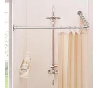 Mirooyu Barre de Douche Angulaire en Forme de L, Ajustable [61-121 cm] x [61-121 cm], Système à Double Glissement 90° pour Salle de Bain, Baignoire et Extérieur avec 12 Crochets et Support de Plafond