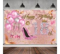 MIRRORANG 1,8x1,1m Bannière Joyeux 18e Anniversaire Or Rose des Ballons Chaussures à Talons Hauts Champagne pour Filles Fête d'anniversaire Décoration Bannière Toile de Fond