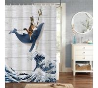 MIRRORANG 140x180cm Chat Marrant Rideau De Douche Vague De Mer Japonaise Baleine Mignonne Animaux De Dessin Animé Rideau De Douche pour Salle De Bain Tissu Polyester Imperméable Ensemble