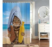 MIRRORANG 150x180cm Chat De Bain Rideau De Douche Animal Drôle Mignonne Chaton avec Jouets De Canard De Serviette Rideau De Douche pour Salle De Bain Tissu Polyester Imperméable Ensemble