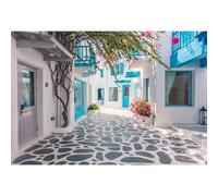 MIRRORANG 2,2x1,5m Grèce Santorin Toile de Fond Bleu Architecture Santorin Sreet Toile de Fond Mariage Lune de Miel Décoration Nuptiale Douche Fête Voyage Événement Fond pour la Photographie, Vinyle