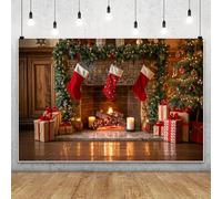 MIRRORANG 2.2x1.5m Toile de Fond d'intérieur de Noël en Hiver, cheminée, Bois de Chauffage, Bas Rouges, Feuilles de pin Vertes, Bougies, arrière-Plan de Photographie pour la décoration de fête