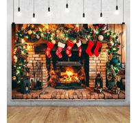 MIRRORANG 2.5x1.8m Toile de fond de Noël, cheminée, mur de briques, boules de Noël, bas rouges, feuilles de pin, arrière-plan de photographie pour la décoration de fête de famille du Nouvel An d'hiver