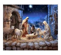 MIRRORANG 2,7x1,8m Toile de Fond de noël Naissance de jésus nativité chrétienne Sainte Vierge Marie Ferme Grange Tapisserie Murale Religieuse Photographie Fond pour Hiver noël extérieur