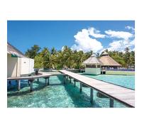 MIRRORANG 3,5x2,5m Maldives Tropical Palmier Maison en Bois tréteau Toile de Fond océan Bleu Ciel Blanc Nuage Paysage Photographie Fond Vacances Voyage Vacances fête Accessoires