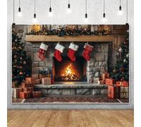MIRRORANG 3.5x3m Décor de Noël Chaleureux avec cheminée, Chaussettes Rouges, Bois de Chauffage, Boules de Noël et Feuilles de pin, pour décoration de fête de Famille, fêtes d'hiver