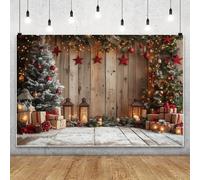 MIRRORANG 3x2.5m Mur en Bois Rustique, Toile de Fond hivernale, Sapin enneigé, Feuilles, Pommes de pin, Lampe, décoration pour Photographie, fêtes de Fin d'année, Fournitures de Noël