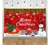 MIRRORANG 3x2m Sfondo Rosso BUON Natale Con pupazzo di Neve, slitta, palle di Natale, fiocco di Neve, sfondo fotografico per Feste stagionali, Capodanno, Famiglia, decorazioni e forniture