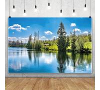 MIRRORANG 3x2m Toile de Fond de lac d'été Ciel Bleu Nuages Arbres forestiers réflexion Photographie Fond pour sur Le thème de la Nature Baby Shower de photomaton de fête en Plein air