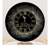 MIRRORANG Polyester Diamètre 1.25m Fondo Redondo Negro Con diseño de reloj Dorado Brillante, Fondo fotográfico de Año Nuevo 2026 Para portada, cuenta regresiva, decoración Para Fiesta navideña