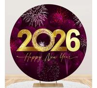 MIRRORANG Polyester Diamètre 2.3m Fondo Redondo Morado y Rojo Para Año Nuevo 2026 Con fuegos artificiales y Brillo Dorado, Ideal Para fotografía, Fiestas navideñas y decoración