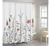MIRRORANG Rideau de Douche Floral, Aquarelle Wild Flower Garden Flower Rideau de Salle de Bain, Noir et Blanc Printemps Nature Fleur Hern Ensemble de Rideau de Douche avec 12 Crochets,183x183cm