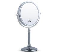 Mirrorvana Miroir de Maquillage Grossissant x15 sur Pied pour la Coiffeuse - Rond, Double Face x15 et x1, Convient Parfaitement aux Chambres et aux Salles de Bains, 30cm x 15cm (Chrome)