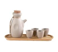 MIRUIKE Service à saké japonais traditionnel en céramique avec 1 carafe à saké, 4 tasses à saké et 1 plateau en bambou
