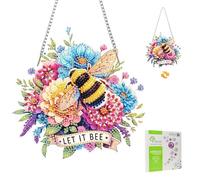 MISCER Diamond Painting Abeille Pendentif avec Chaîne, Broderie Diamant Kit Complet Fleurs Multicolores Attrape-Soleil Double Face, DIY 5D Diamond Painting Décoration de Fenêtre Porte Maison, 20x20cm