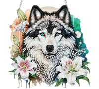 MISCER Diamond Painting Pendentif avec Chaîne, Broderie Diamant Kit Complet Tête de Loup et Lys Blancs, DIY 5D Diamond Painting Attrape-Soleil Décoration Maison Adulte, 20x20cm