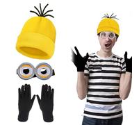 MisFun 3 Pièces Accessoires de Costume D'Halloween, Avec Minion Bonnet+Jaune Goggle+Gants, Accessoires de Cosplay Minion, Accessoires de Déguisement Minion, pour Halloween, Noël, Fête Déguisement