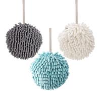 MisFun 3 Pièces Serviette Main Chenille Cuisine Salle de Bain Boule Ronde Boucle Suspension (Gris+Bleu+Blanc)