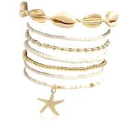 MisFun 7 Pièces Coquillage Bracelet Perles Femme 6.5cm Collier Bohème Plage Lot Bracelet Femme Bijou Hippie Avec Coquillages Plage Accessoires Cadeau Femme pour Vacances Festival été