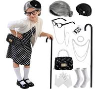 Mishopy 16Pcs Kit De Deguisement Grand Mere Enfant Déguisement Vieille Dame avec Perruque Vieille Dame Cardigan Femme Robe Grand Mere Béquille Beret Lunettes Bijoux en Perles Pour Carnaval Cosplay