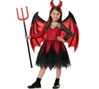 Mishopy Déguisement Diable Enfant Costume Halloween Fille Ailes du Diable Cape avec Serre-tête et Fourche Robe Diablesse pour Carnaval Anniversaire Noël Cosplay (140, 8-9 Ans)