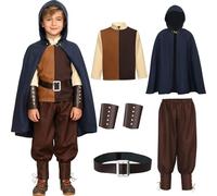 Mishopy Deguisement Medieval Enfant Vikings Costume Enfant Cape Bleu Marine Haut Pantalon Ceinture Protège-poignet Déguisement Pirate Chevalier Archer Costume Carnaval Enfant Renaissance Cosplay (150)