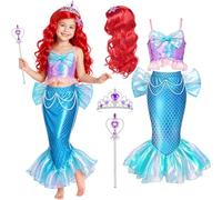 Mishopy Deguisement Petite Sirene Fille, Princesse Costume Ariel avec Perruque Couronne Baguette Magique, Sirene Fancy Dress pour Carnaval Halloween Noël Anniversaire Fêté Cosplay (130cm)