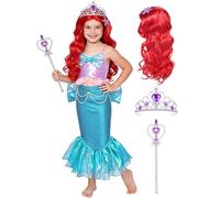 Mishopy Deguisement Petite Sirene Fille, Princesse Costume Ariel avec Perruque Couronne Baguette Magique, Sirene Fancy Dress pour Carnaval Halloween Noël Anniversaire Fêté Cosplay (140cm)