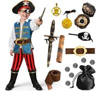 Mishopy Deguisement Pirate Enfant Costume Pirate avec Chapeau Ceinture Cache-œil Compass Bandana Boucle d'Oreille Carte Carnaval Halloween Costume pour Enfants Garçon 3 4 5 6 7 8 9 10 11 Ans