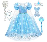 Mishopy LED Costume Reine des Neiges Filles avec Robe Lumineuse de Reine Glaces Couronne Baguette Magique Collier Gants pour Jeu de Rôle Carnaval Mariage Fête d'Anniversaire (110)