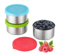 Misichao Lot de 3 petites boîtes de rangement alimentaire en acier inoxydable avec couvercles en silicone - 220 ml - Étanches et réutilisables - Pour enfants et adultes - Vert rose et bleu