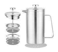 Misichao Petite cafetière à piston 2 tasses, cafetière isotherme en acier inoxydable avec système de filtration à 3 niveaux, 3 filtres supplémentaires, 350 ml, argenté