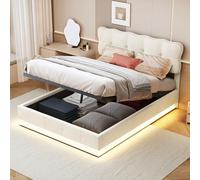 MISNODE Cadre de Lit 140x200 avec Rangement et Éclairage LED, Lit Double en Velours Beige avec Fonction Hydraulique, Sommier 140x200 pour Adultes (140 x 200 cm)
