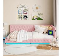 MISNODE Canapé-lit convertible 140x200, lit de jour avec LED et USB, canapé-lit en forme de L avec sommier, lit pour enfant lit pour adolescent, double lit, tissu velours teddy, sans matelas