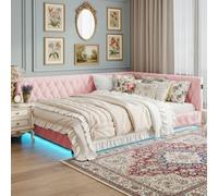 MISNODE Canapé-lit rembourré, 140 x 200 cm, d'angle, avec LED et USB, en forme de L, avec sommier à lattes, pour enfants, adolescents, lit double, en velours nounours (rose B01, 140 x 200 cm)