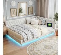 MISNODE Canapé-lit rembourré, 140 x 200 cm, d'angle, avec LED et USB, en forme de L, avec sommier à lattes, pour enfants, adolescents, lit double, en velours nounours (beige-B01, 140 x 200 cm)
