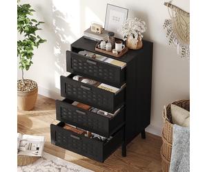 MISNODE Commode 4 Tiroirs, 55 x 39.8 x 95 cm, Commode Rotin étroit, Chiffonnier Bois, Meuble Tiroir Noir et Bois Style Bohème, Meuble Cannage pour Chambre à Coucher, Salon, Entrée(Noir, 4 Tiroirs)