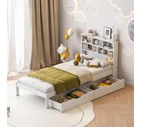 MISNODE Lit 90x200 avec 2 Tiroirs, Tête de lit de Rangement, Lit Fonctionnel en Bois Massif Blanc, Cadre de Lit Plateforme pour d'enfant Adulte Adolescents (sans Matelas) (Bois de pin, Blanc)