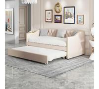 MISNODE Lit avec sommier à lattes escamotable 90x200 cm, canapé-lit rembourré escamotable avec lit gigogne, canapé-lit avec lit escamotable pour chambre à coucher salon, lin, sans matelas (Beige C)