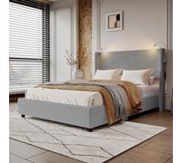 MISNODE Lit double 140 x 200 cm avec Luce di Lettura et station de charge USB, lit avec espace de rangement, lit rembourré en velours côtelé avec tiroir de lit et sommier à lattes, lit de rangement